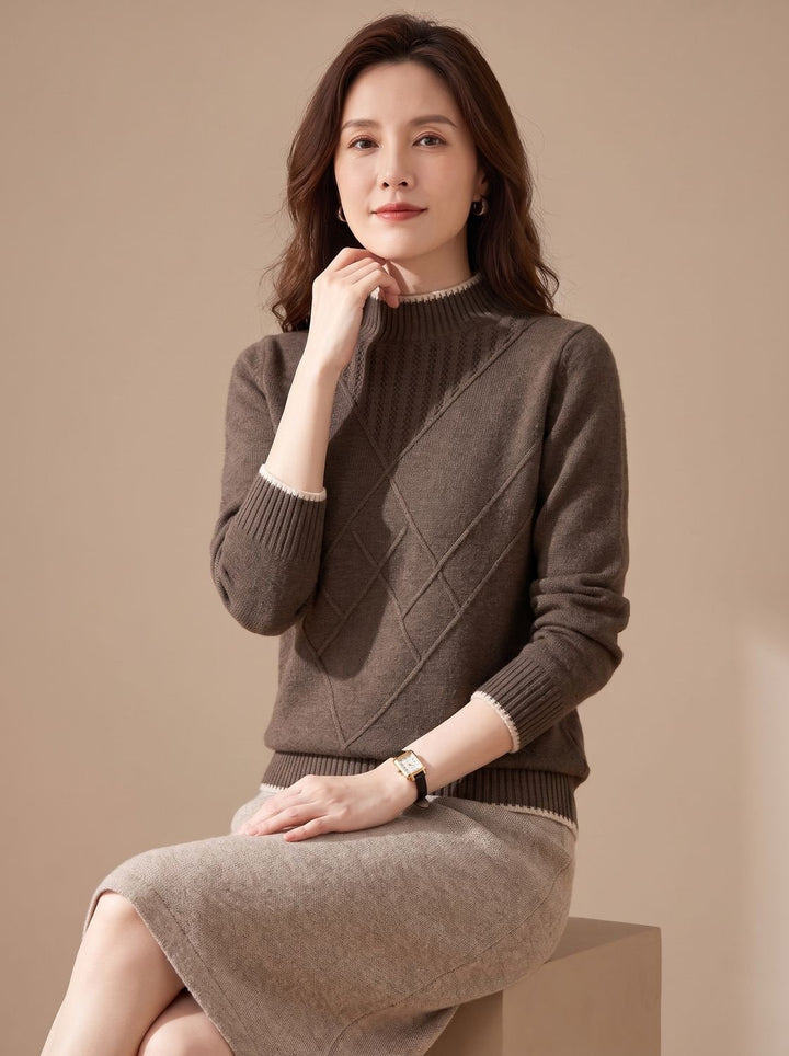 Lena | Women's Mock Neck Knitted Jumper Diamond Pattern Long Sleeve