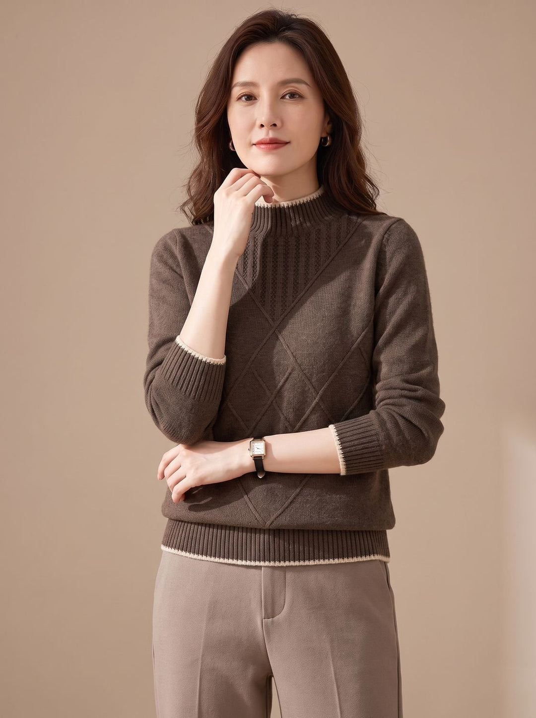Lena | Women's Mock Neck Knitted Jumper Diamond Pattern Long Sleeve