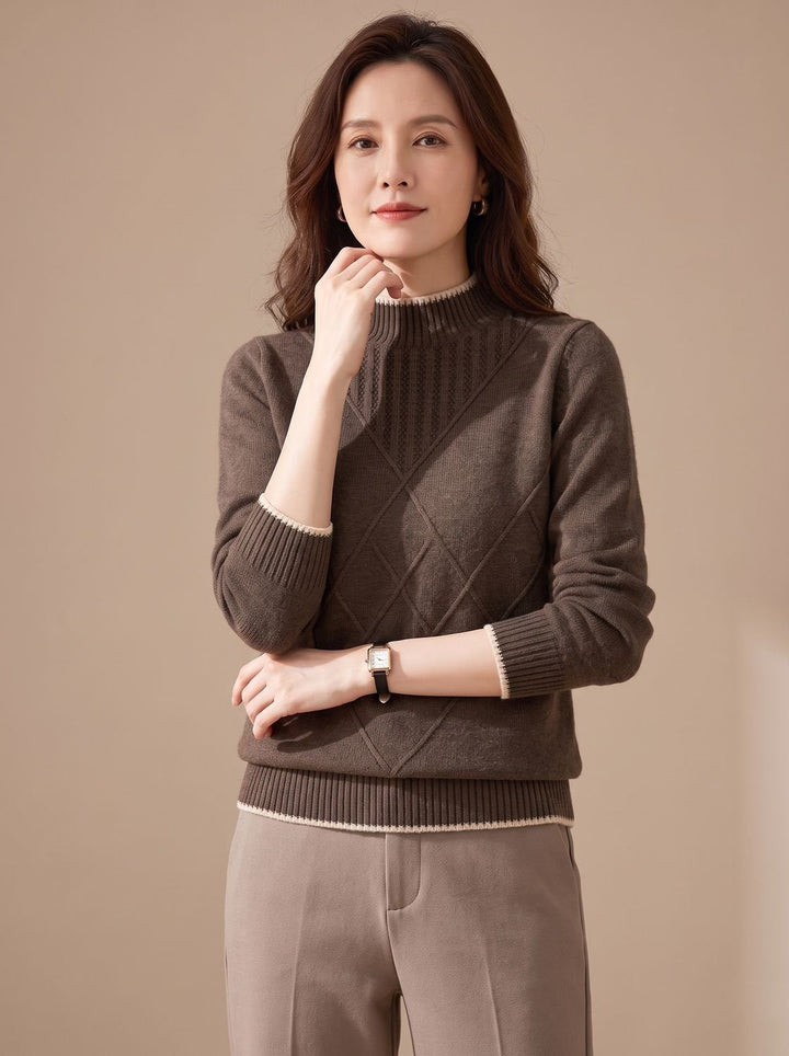 Lena | Women's Mock Neck Knitted Jumper Diamond Pattern Long Sleeve