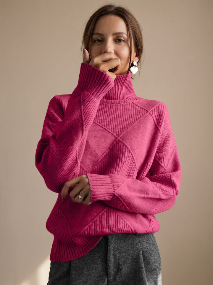 Katharina | Women's Roll Neck Jumper Geometric Knit Oversized Long Sleeve