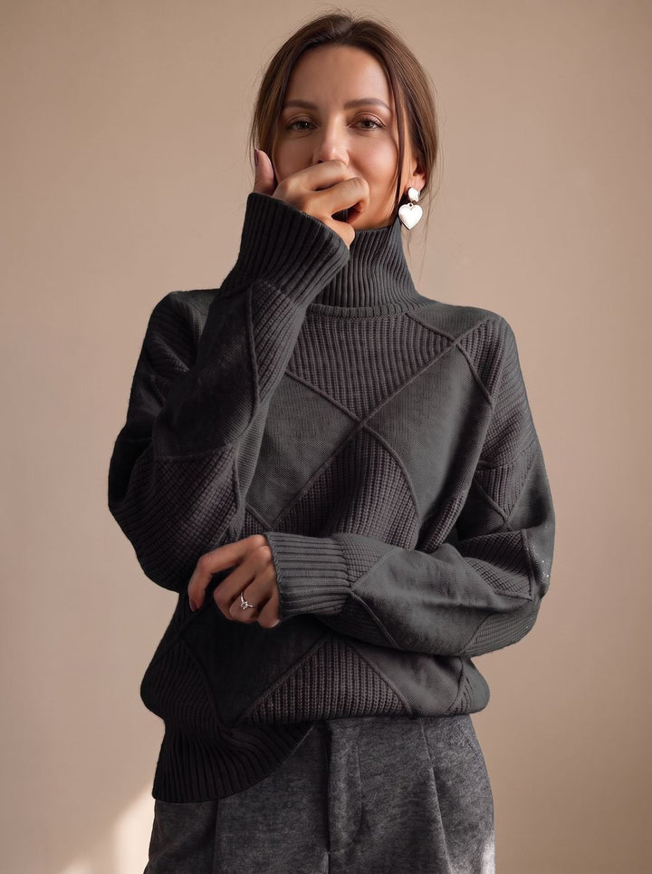 Katharina | Women's Roll Neck Jumper Geometric Knit Oversized Long Sleeve
