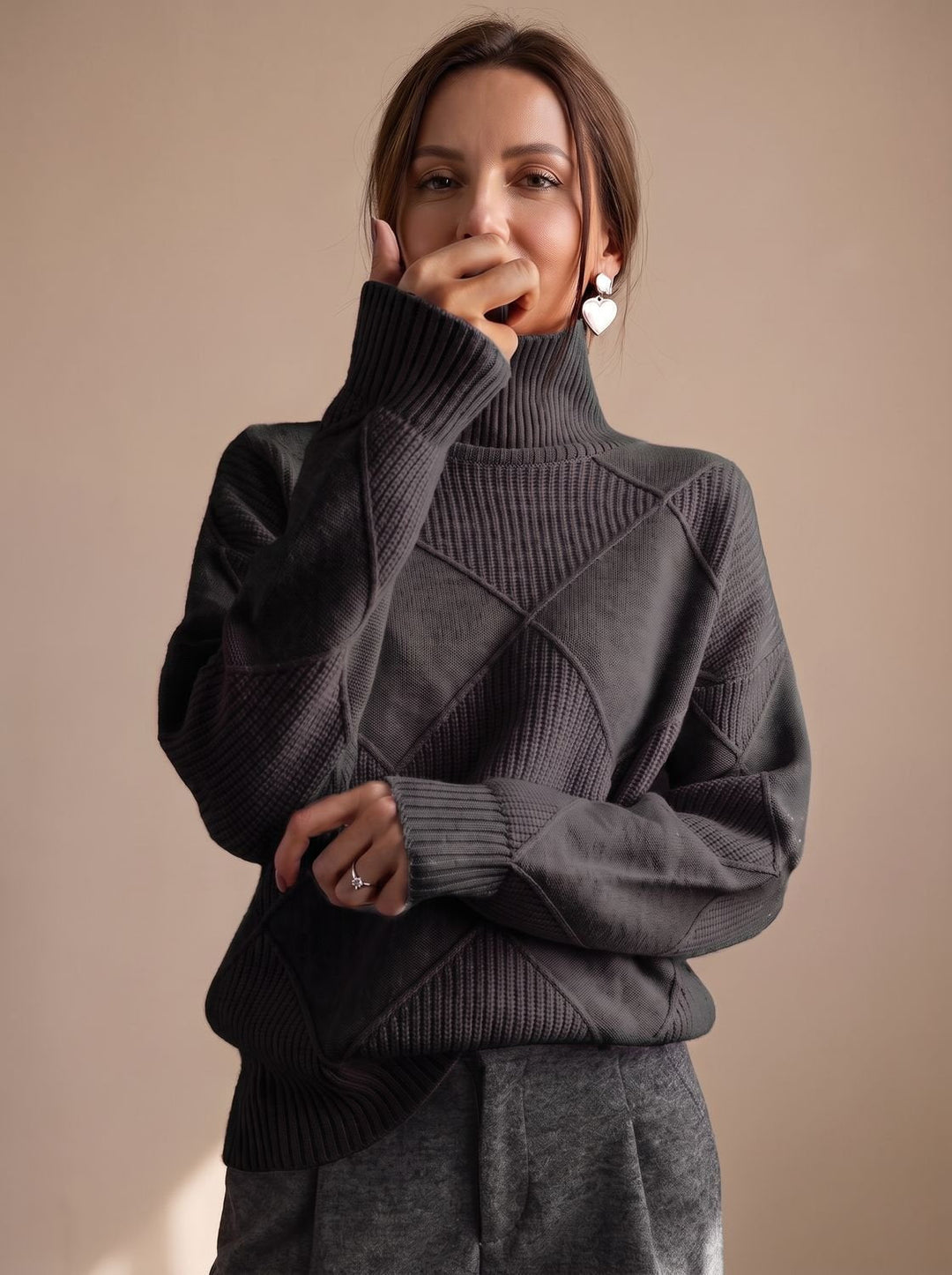 Katharina | Women's Roll Neck Jumper Geometric Knit Oversized Long Sleeve