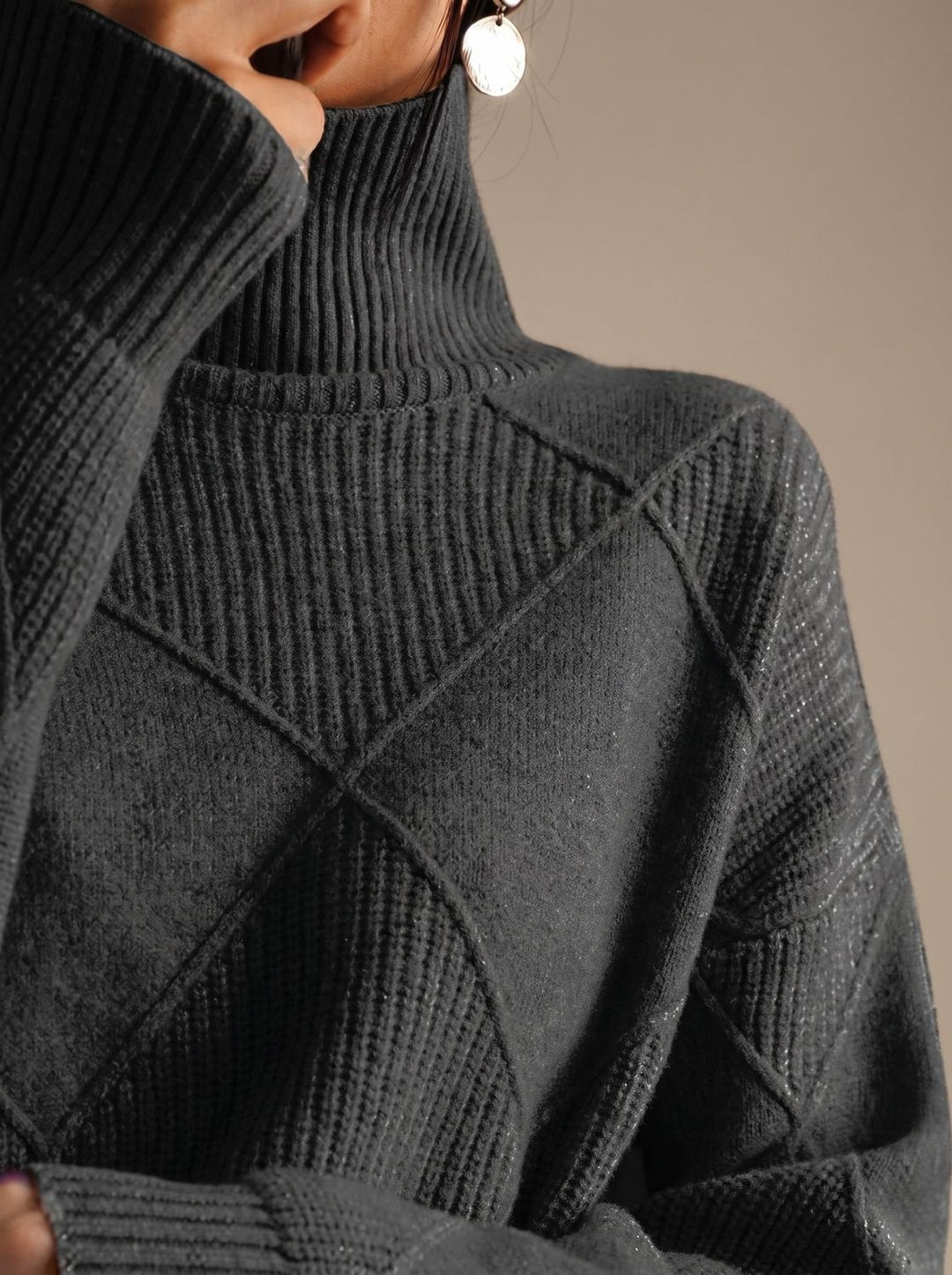 Katharina | Women's Roll Neck Jumper Geometric Knit Oversized Long Sleeve