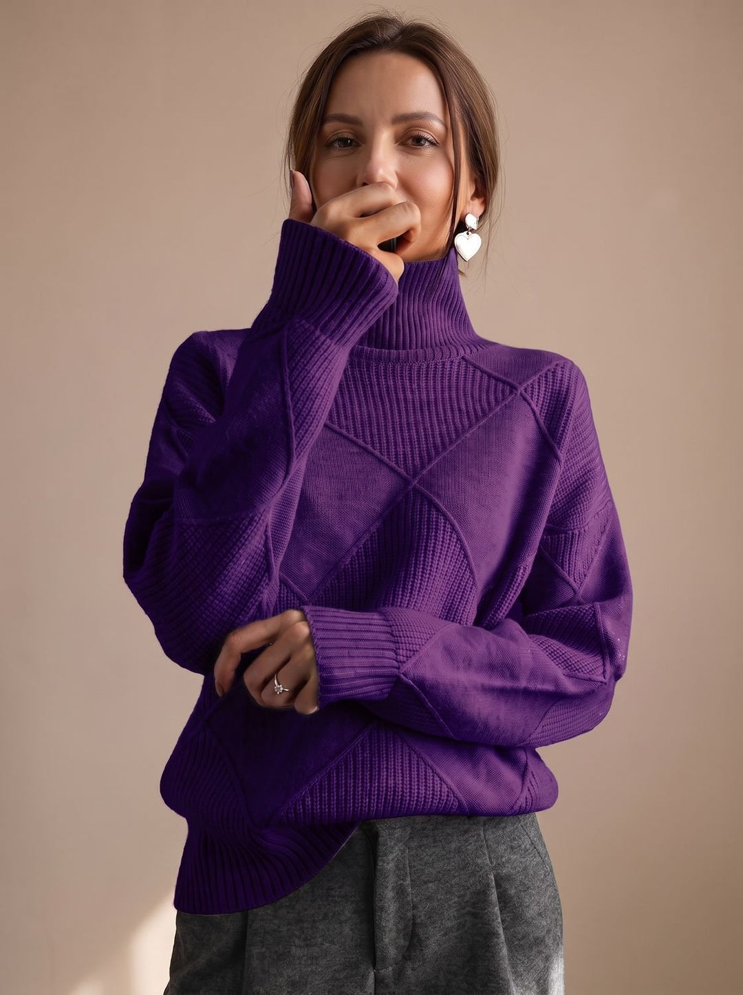 Katharina | Women's Roll Neck Jumper Geometric Knit Oversized Long Sleeve