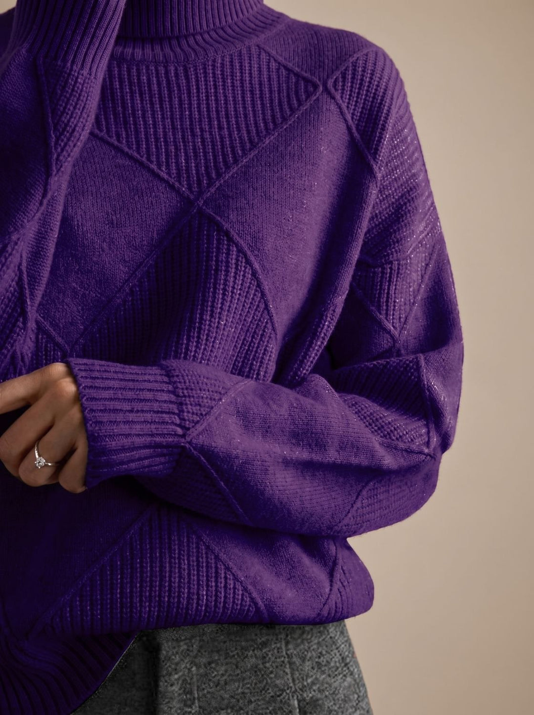 Katharina | Women's Roll Neck Jumper Geometric Knit Oversized Long Sleeve