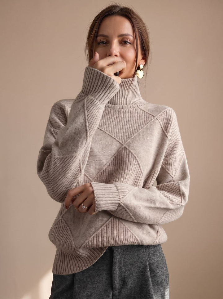 Katharina | Women's Roll Neck Jumper Geometric Knit Oversized Long Sleeve