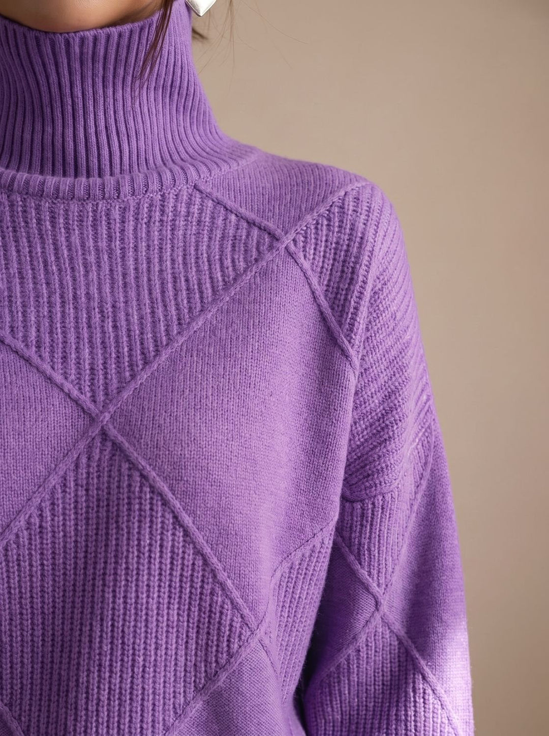 Katharina | Women's Roll Neck Jumper Geometric Knit Oversized Long Sleeve