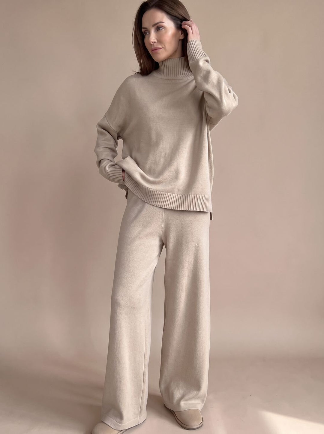 Marie | Women's Roll Neck Jumper & Wide Leg Trousers Knitted Set