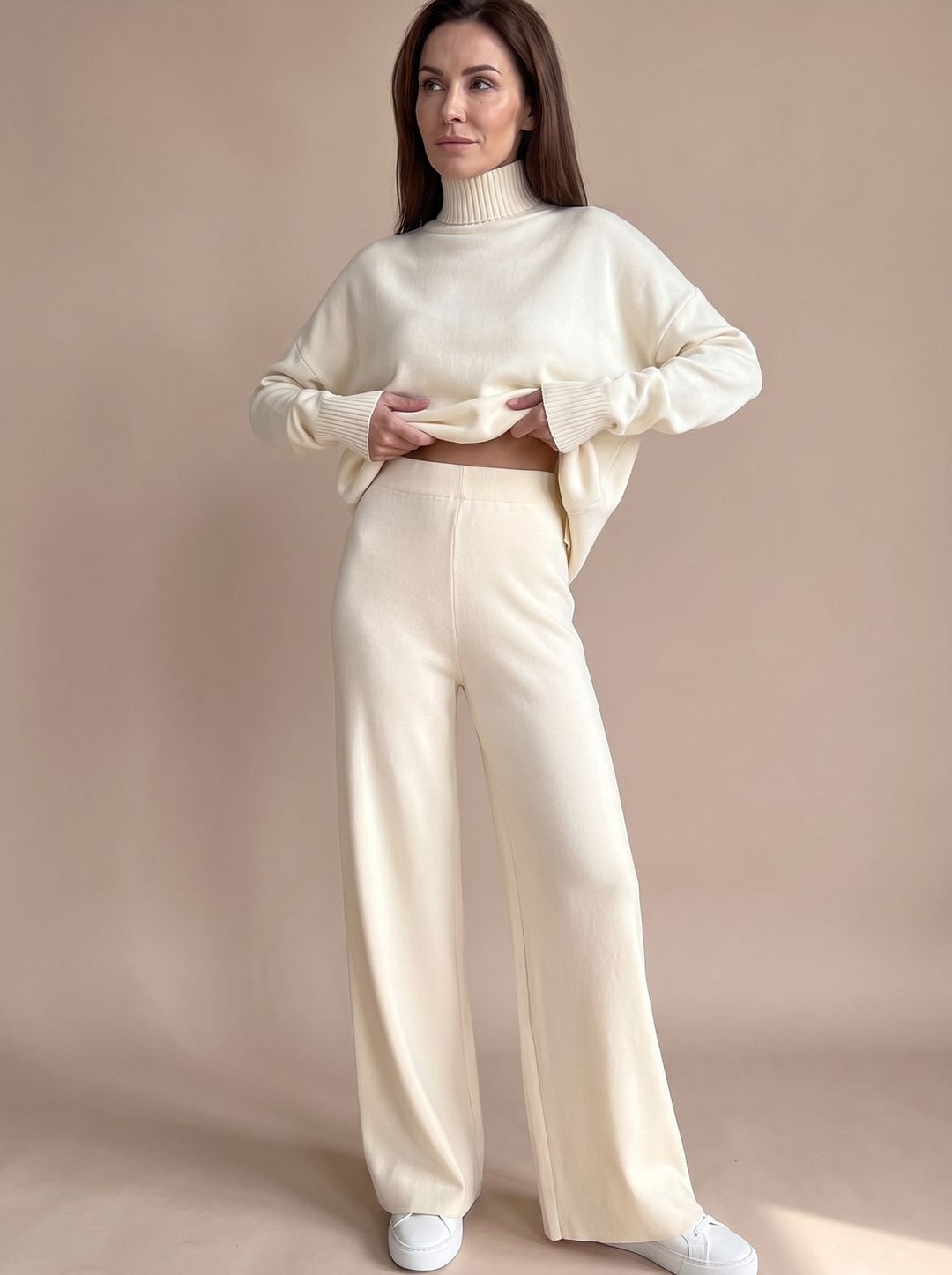 Marie | Women's Roll Neck Jumper & Wide Leg Trousers Knitted Set