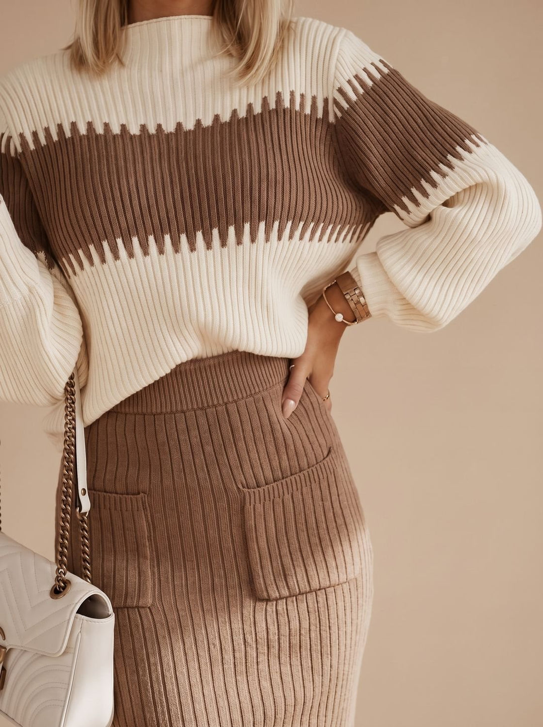 Lena | Women's Roll Neck Jumper and Knitted Midi Skirt Set
