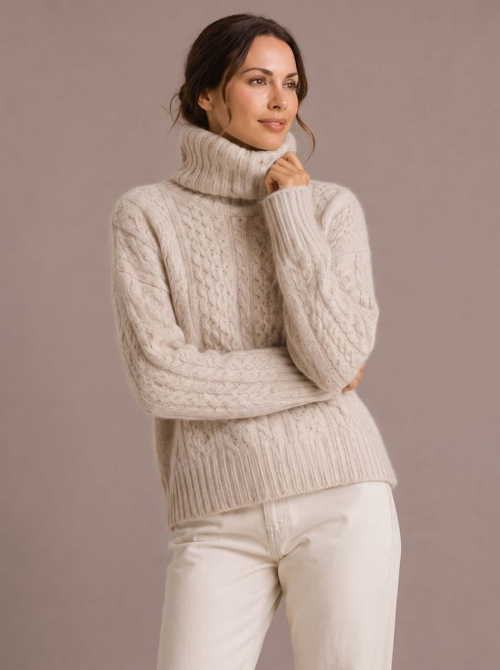 Lena | Women's Oversized Cable Knit Roll Neck Jumper Ribbed Cuffs