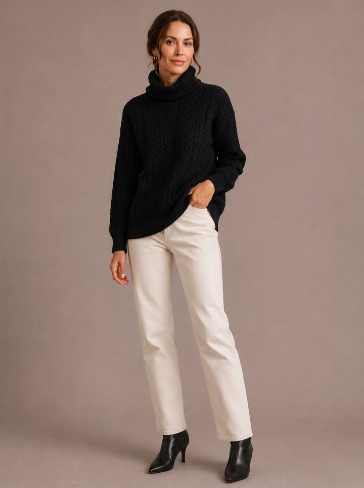 Lena | Women's Oversized Cable Knit Roll Neck Jumper Ribbed Cuffs