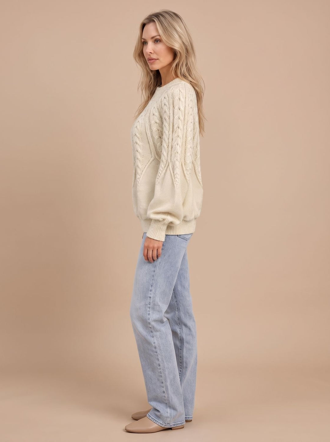 Clara | Women's Cable Knit Jumper Crew Neck Balloon Sleeves