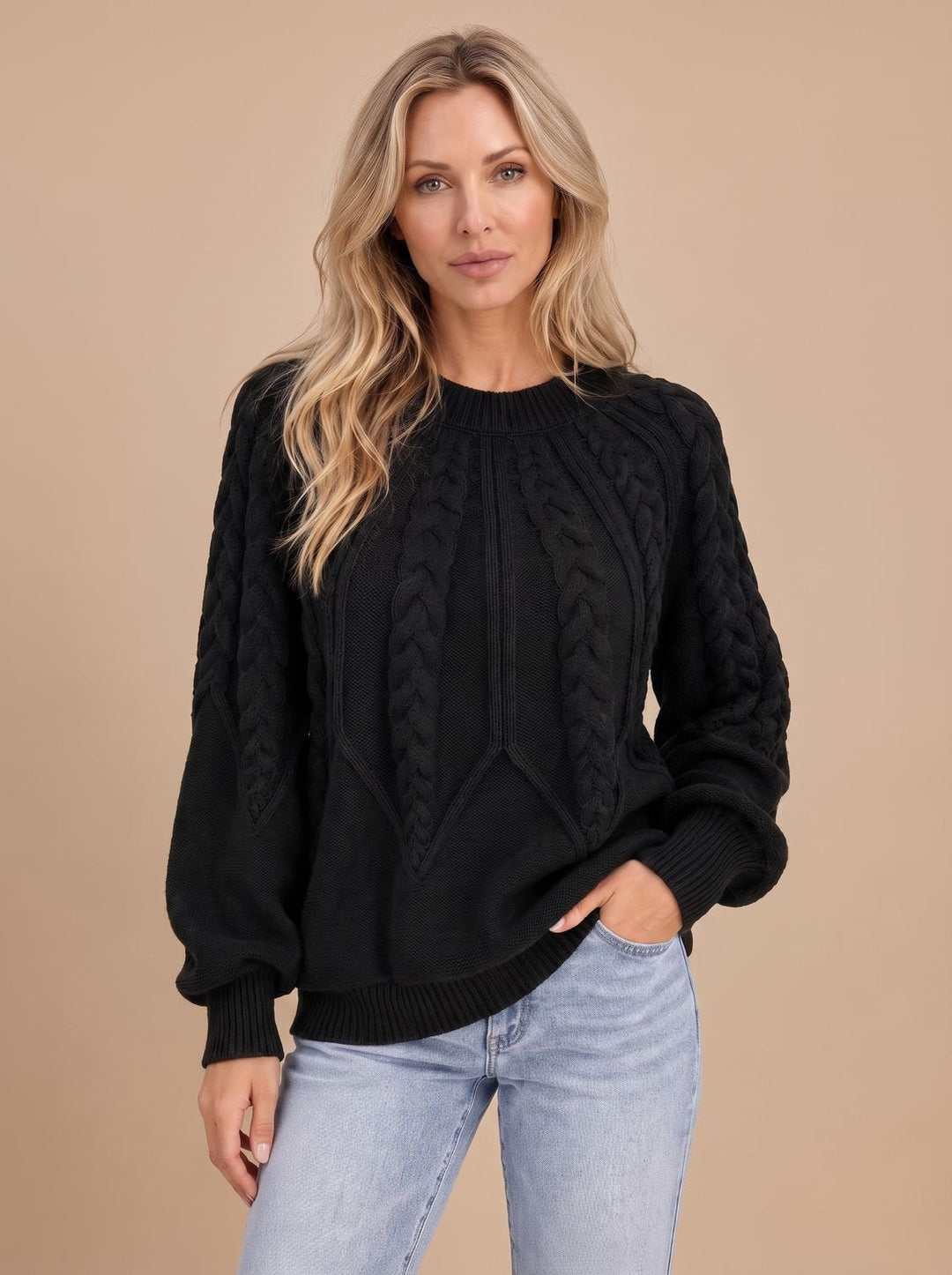Clara | Women's Cable Knit Jumper Crew Neck Balloon Sleeves