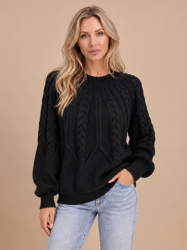 Clara | Women's Cable Knit Jumper Crew Neck Balloon Sleeves