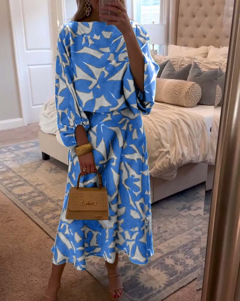Violet | Women's Abstract Print Two-Piece Set Long Sleeve Top & Midi Skirt