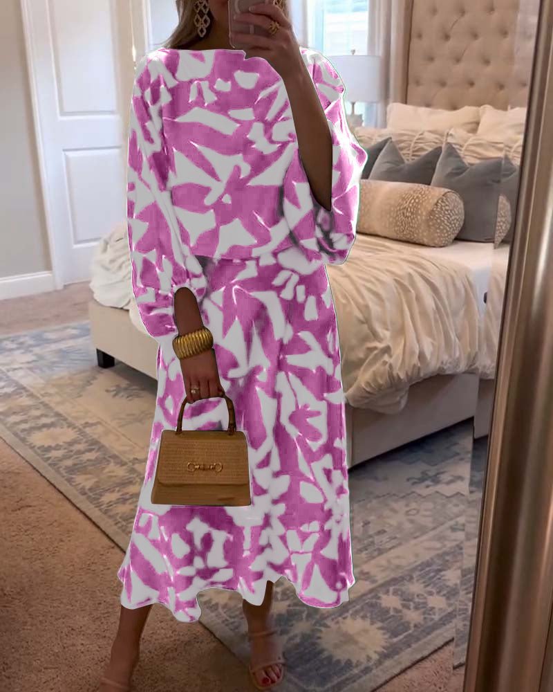 Violet | Women's Abstract Print Two-Piece Set Long Sleeve Top & Midi Skirt