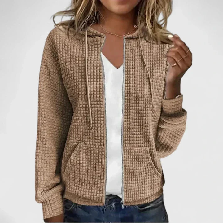 Cressida | Women's Waffle Knit Hooded Cardigan Full Zip Pockets