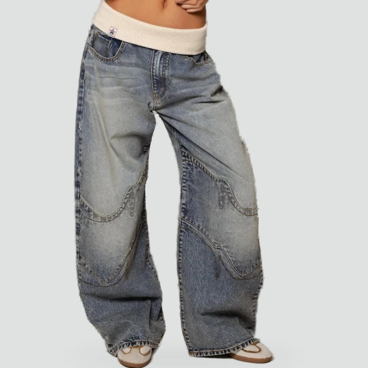 Octavia | Women's Baggy Jeans Wide Leg Ribbed Waistband Washed Denim
