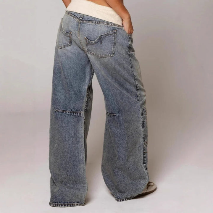 Octavia | Women's Baggy Jeans Wide Leg Ribbed Waistband Washed Denim