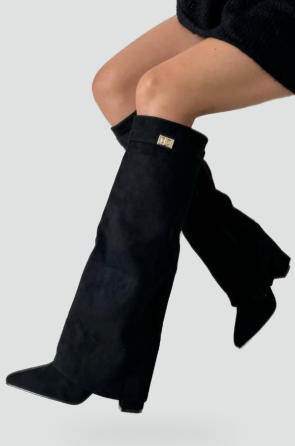 Rosalind | Women's Knee High Boots Suede-Look Pointed Toe Block Heel