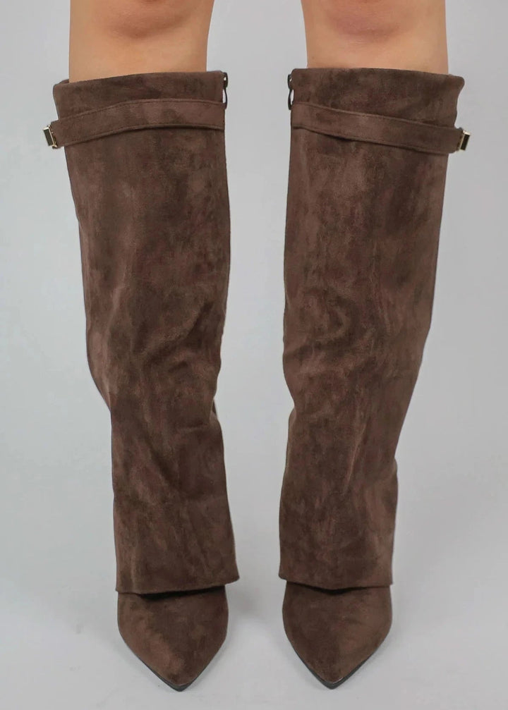 Rosalind | Women's Knee High Boots Suede-Look Pointed Toe Block Heel
