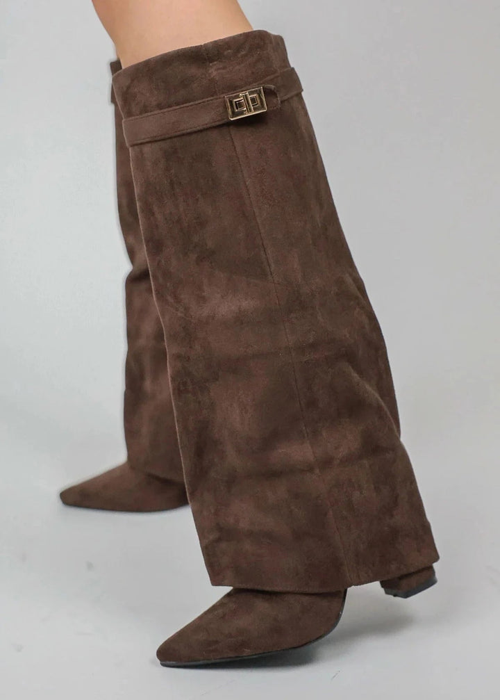 Rosalind | Women's Knee High Boots Suede-Look Pointed Toe Block Heel