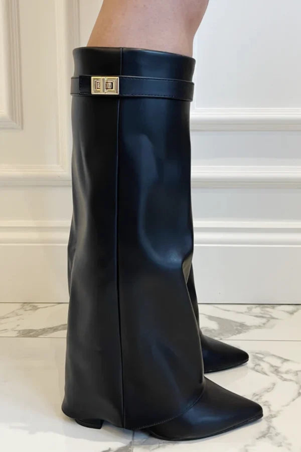 Rosalind | Women's Knee High Boots Suede-Look Pointed Toe Block Heel