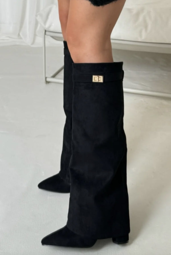 Rosalind | Women's Knee High Boots Suede-Look Pointed Toe Block Heel