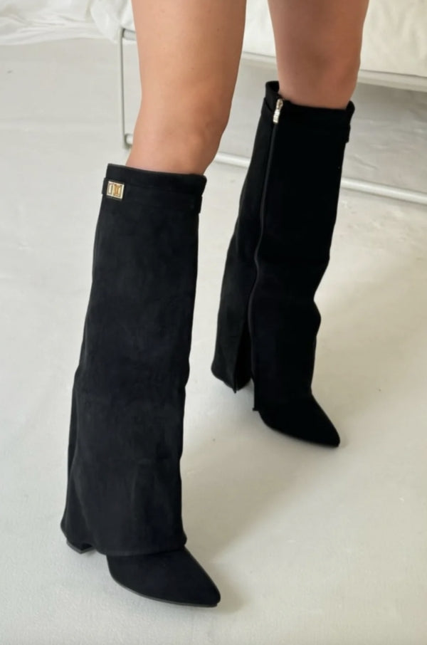 Rosalind | Women's Knee High Boots Suede-Look Pointed Toe Block Heel