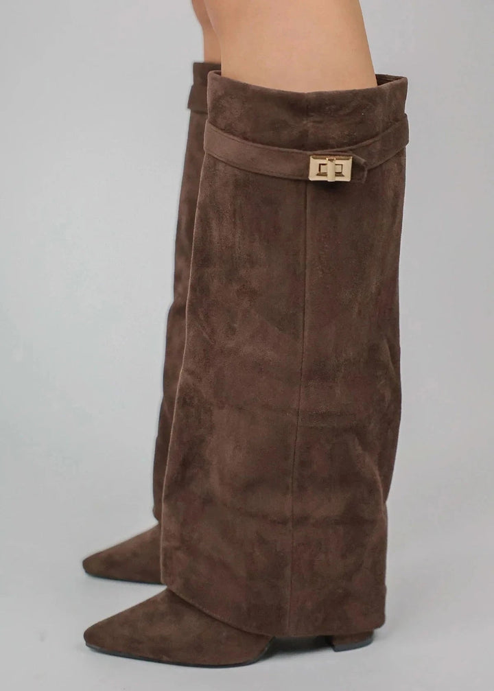 Rosalind | Women's Knee High Boots Suede-Look Pointed Toe Block Heel