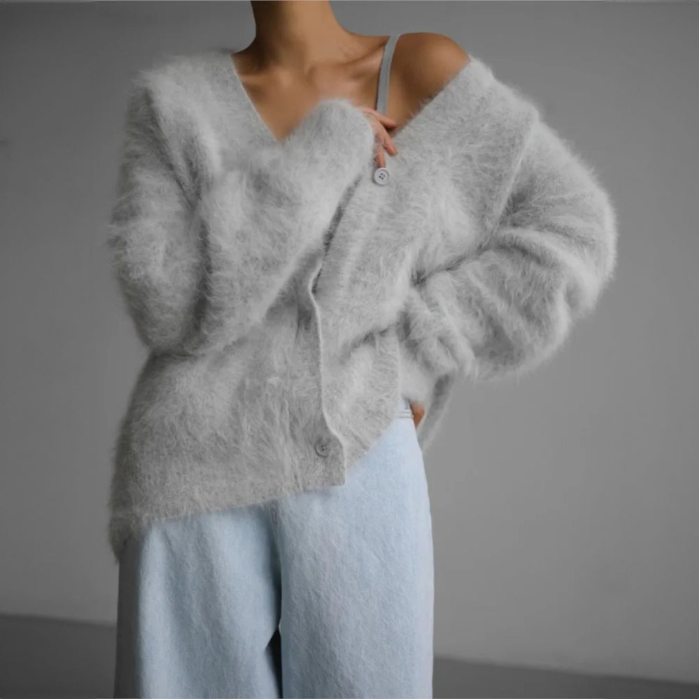 Verity | Women's Fluffy Cashmere Blend Cardigan V-Neck Button-Up