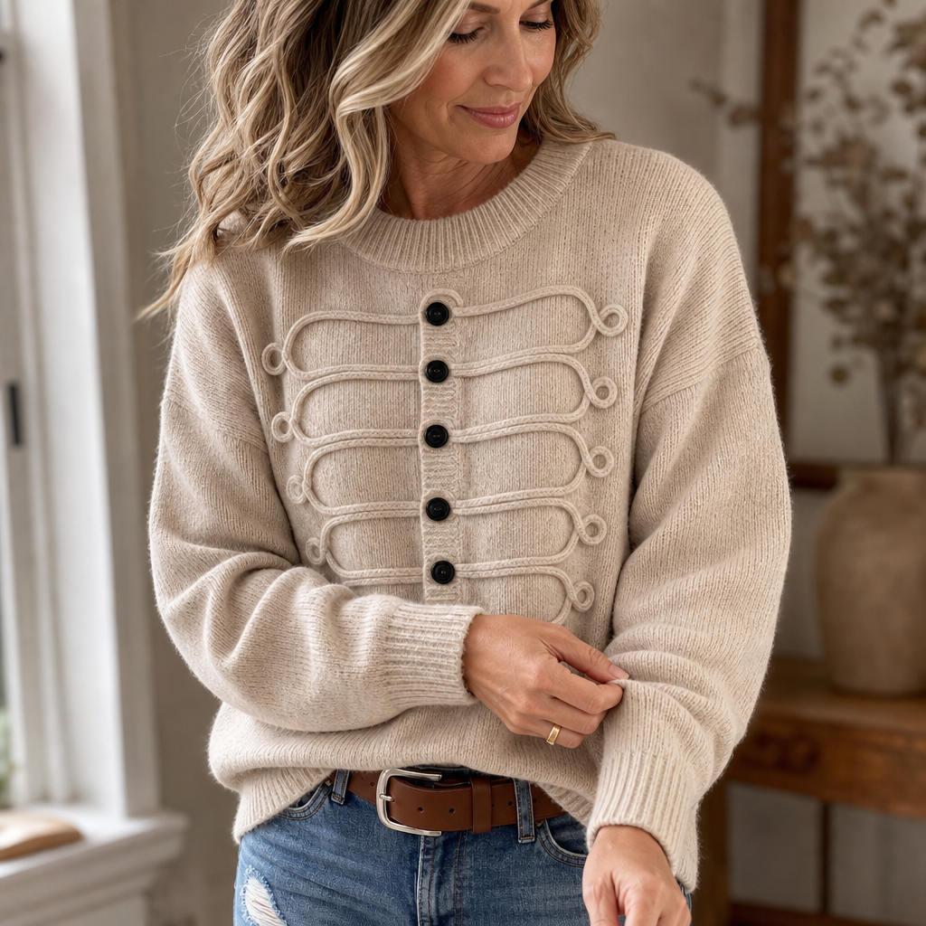 Clara | Women's Wool Knitted Jumper Braided Cord & Button Details