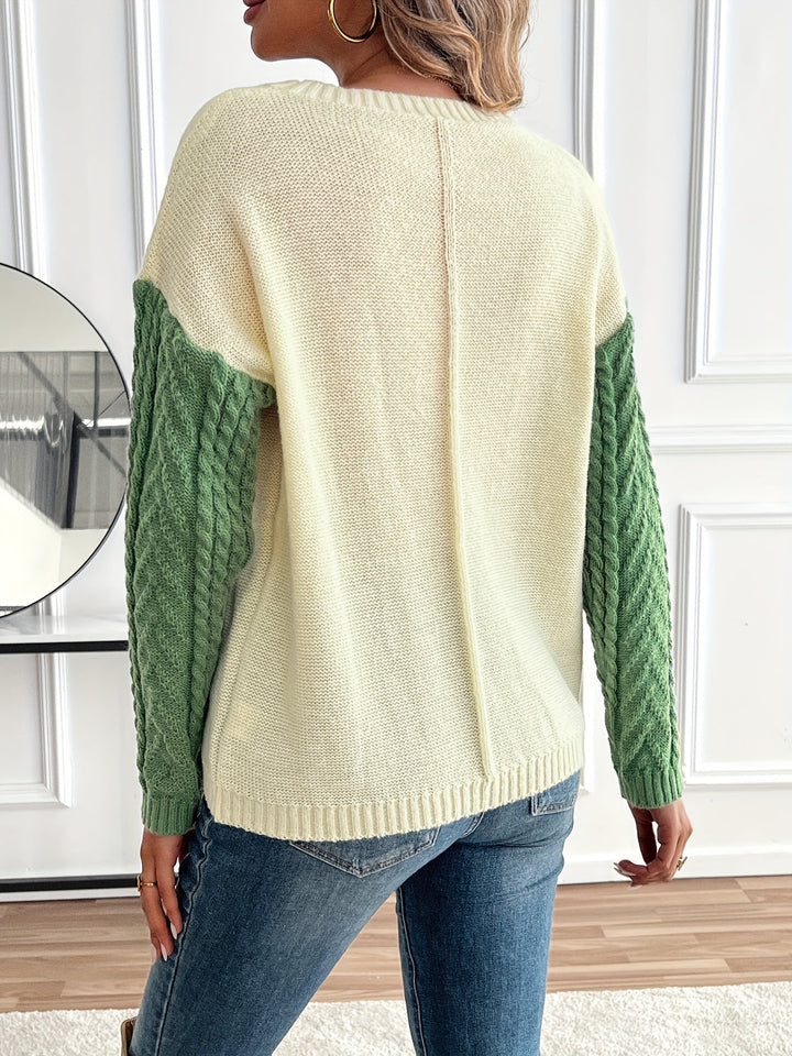 Delia | Women's Two-Tone Cable Knit Jumper Crew Neck Front Pocket
