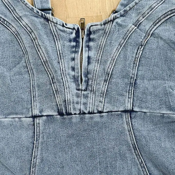 Eliza | Women's Denim Midi Dress Adjustable Straps Side Slit Zip