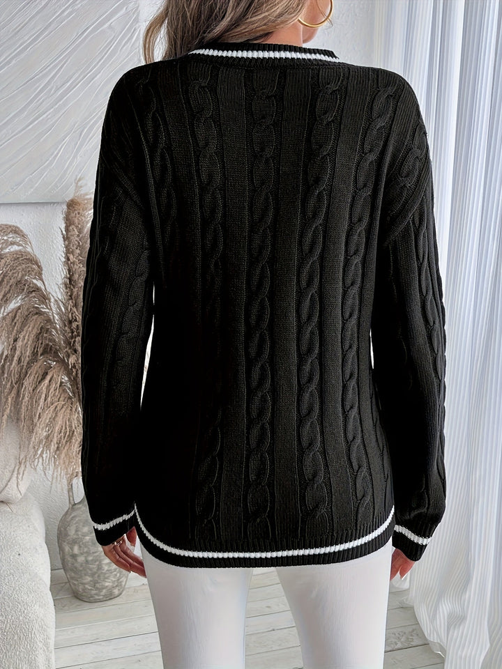 Kunigunde | Women's Cable Knit V-Neck Jumper Contrast Trim