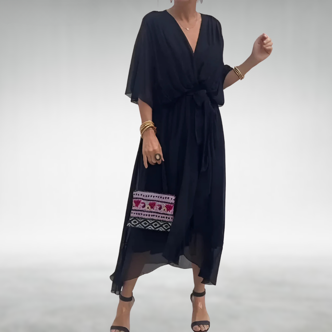 Nell | Women's Wrap Maxi Dress V-Neck Wide Sleeves Asymmetric Hem