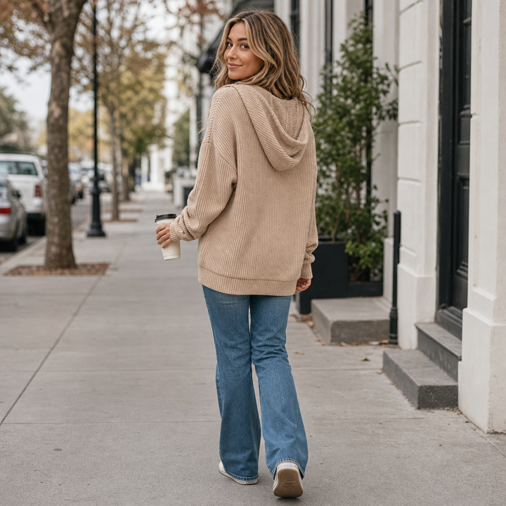 Sofia | Women's Hooded Ribbed Knitted Jumper Button Neck