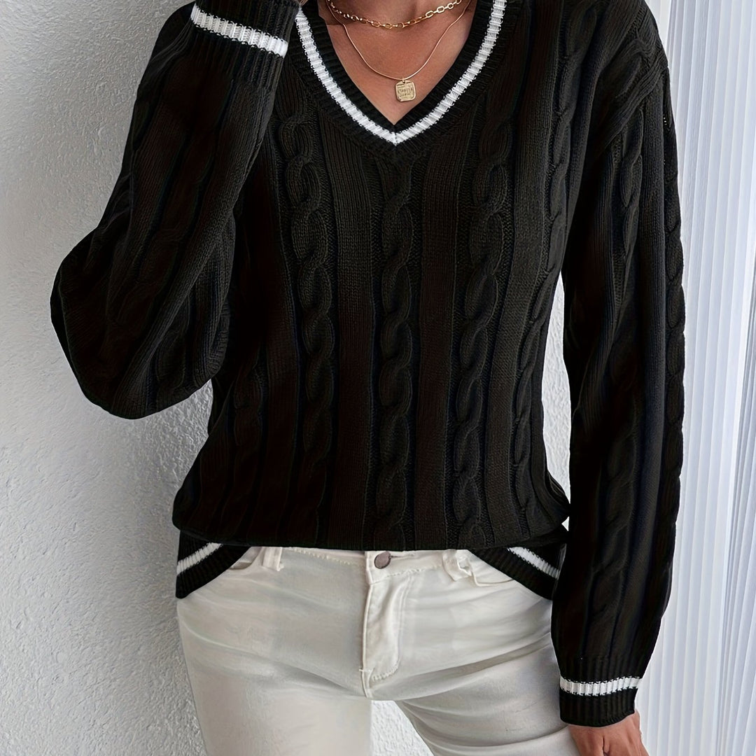 Kunigunde | Women's Cable Knit V-Neck Jumper Contrast Trim