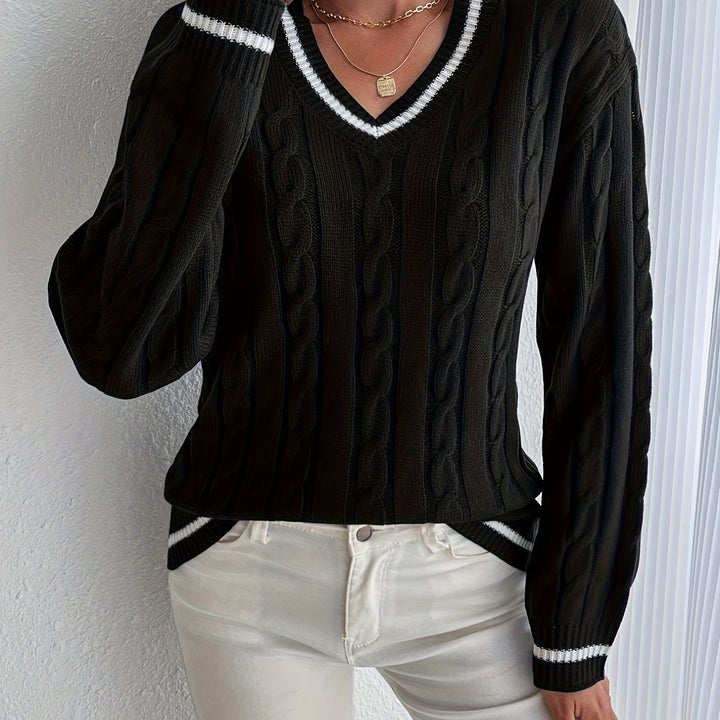 Kunigunde | Women's Cable Knit V-Neck Jumper Contrast Trim