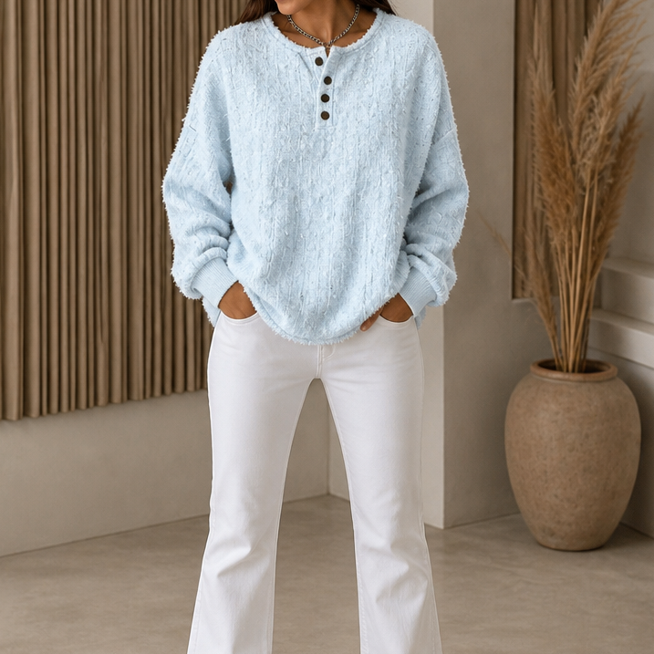 Mila | Women's Chunky Knit Henley Jumper Marl Texture Dropped Shoulder
