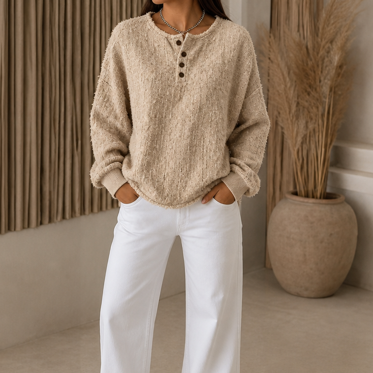 Mila | Women's Chunky Knit Henley Jumper Marl Texture Dropped Shoulder