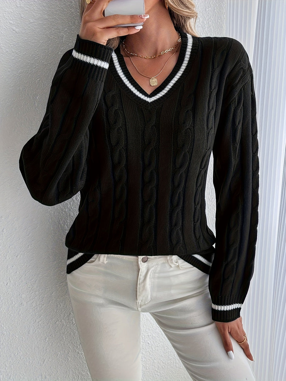 Kunigunde | Women's Cable Knit V-Neck Jumper Contrast Trim