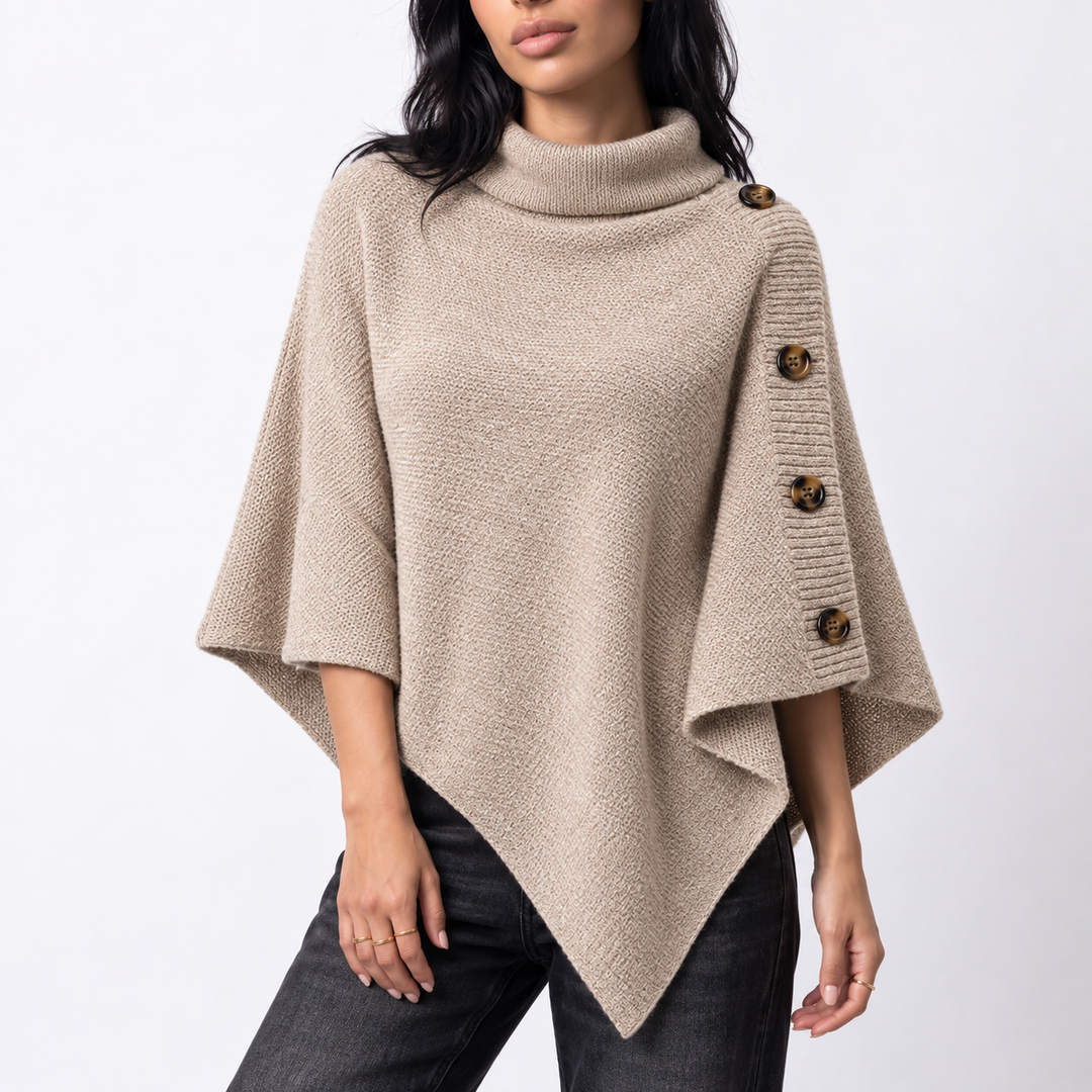 Marina | Women's Knitted Roll Neck Poncho Asymmetric Hem