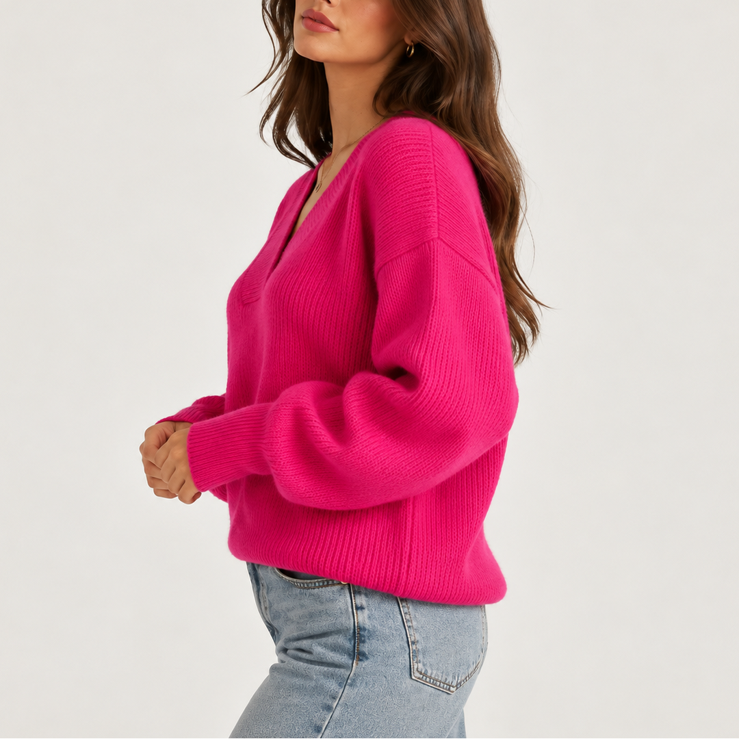 Leah | Women's Oversized Deep V-Neck Knitted Jumper Ribbed Trim