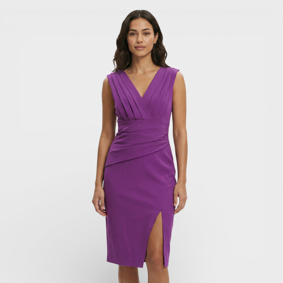 Sophie | Women's Pleated V-Neck Midi Dress Fitted Draped Split