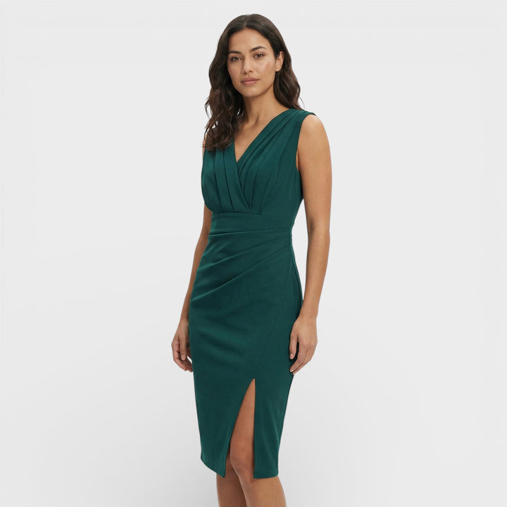 Sophie | Women's Pleated V-Neck Midi Dress Fitted Draped Split