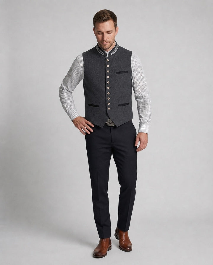 Garrick | Men's Embroidered Waistcoat Slim Fit Funnel Neck