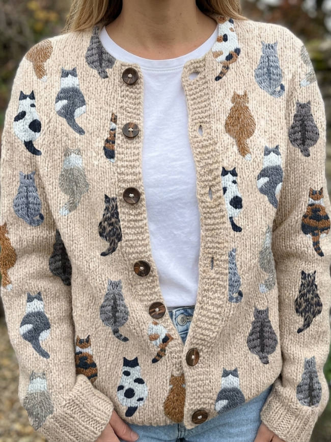 Charlotte | Women's Cat Motif Knitted Cardigan Button-Up Long Sleeve
