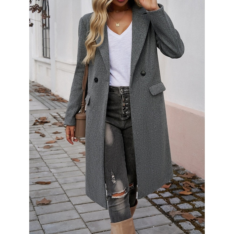 Walpurga | Women's Long Coat Straight Cut Notch Lapel Flap Pockets